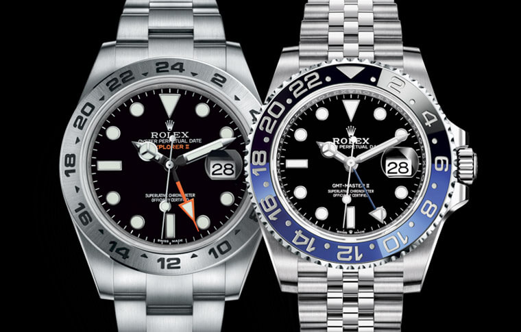 探二和GMT-Master II都有出国很方便的GMT功能 尤其后者还有双色陶瓷圈看时间更清楚