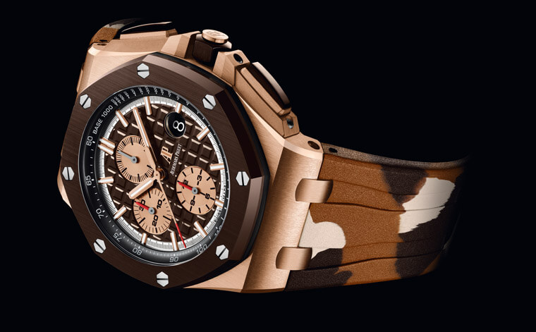 搭迷彩膠帶的AP皇家橡樹離岸型計時錶也有玫瑰金款 棕色陶瓷圈也是一個亮點