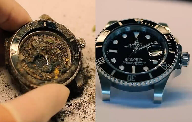埋在泥土堆裡的勞力士黑水鬼被修錶師救回修復