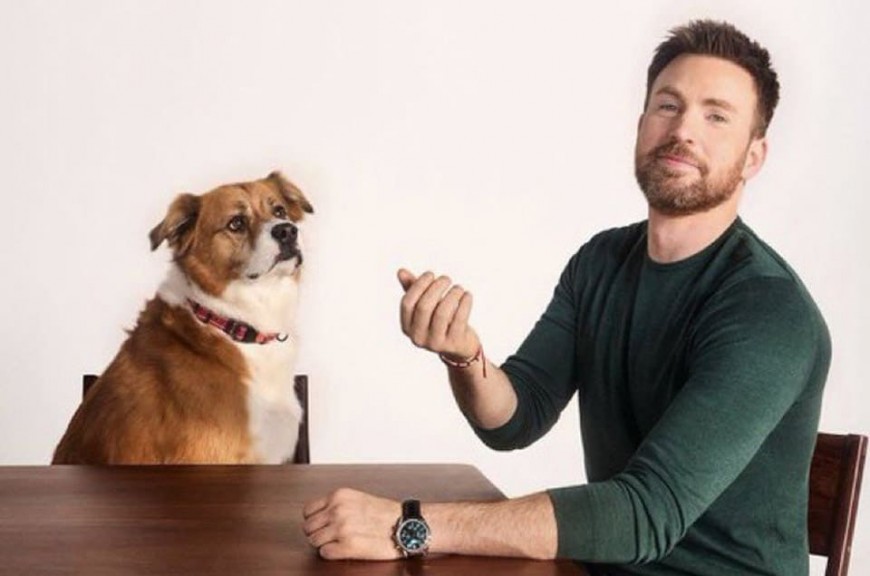 好莱坞男神克里斯伊凡揪毛孩拍广告 手上绿表和服装超搭