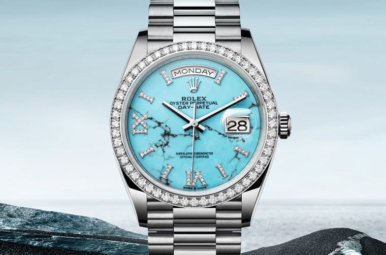 Day-Date宝石面盘搭钻石装饰烘托劳力士总统表身份