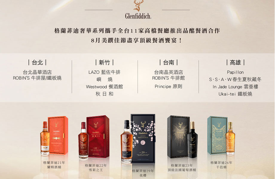 格蘭菲迪奢華系列攜手全台11家高檔餐廳推出品酩餐酒合作