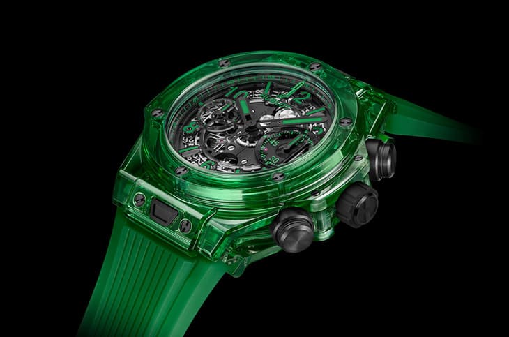 Big Bang计时码表首度採用HUBLOT独家SAXEM绿色透明表壳