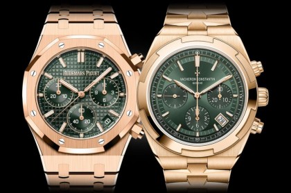 愛彼皇家橡樹與江詩丹頓Overseas玫瑰金綠面計時碼錶比較