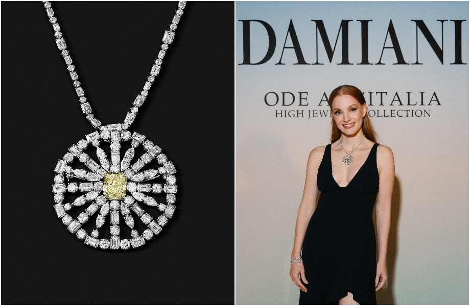 DAMIANI逾5克拉艳彩黄绿钻 洁西卡雀丝坦佩戴「颂赞义大利项链」演绎义式珠宝奢华