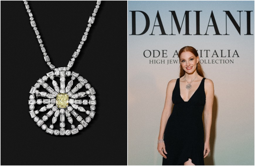 DAMIANI逾5克拉艷彩黃綠鑽 潔西卡雀絲坦佩戴「頌讚義大利項鍊」演繹義式珠寶奢華