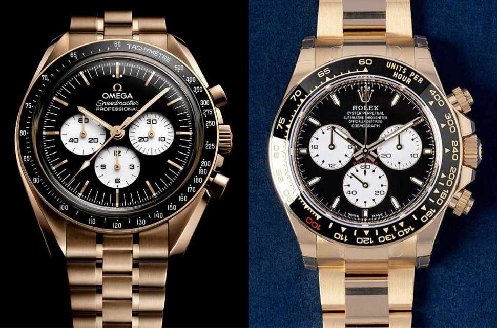 复古赛车 vs 登月传奇 劳力士黄金Daytona与欧米茄超霸，黄金反熊猫面顶峰对决